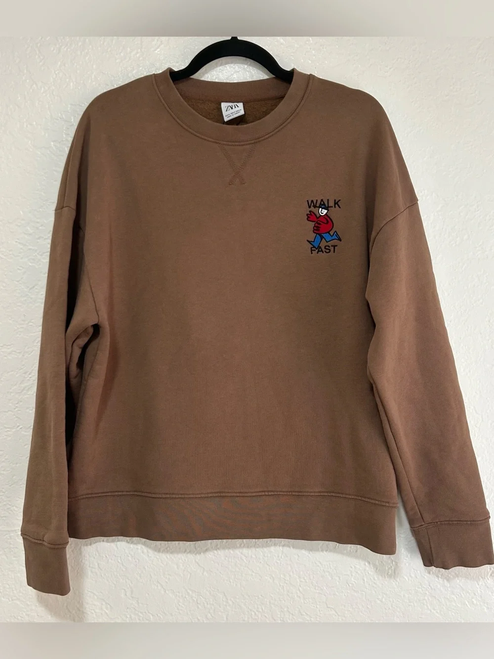 Zara Brown Crewneck Sweatshirt with Red & Blue 'Walk Fast' Graphic